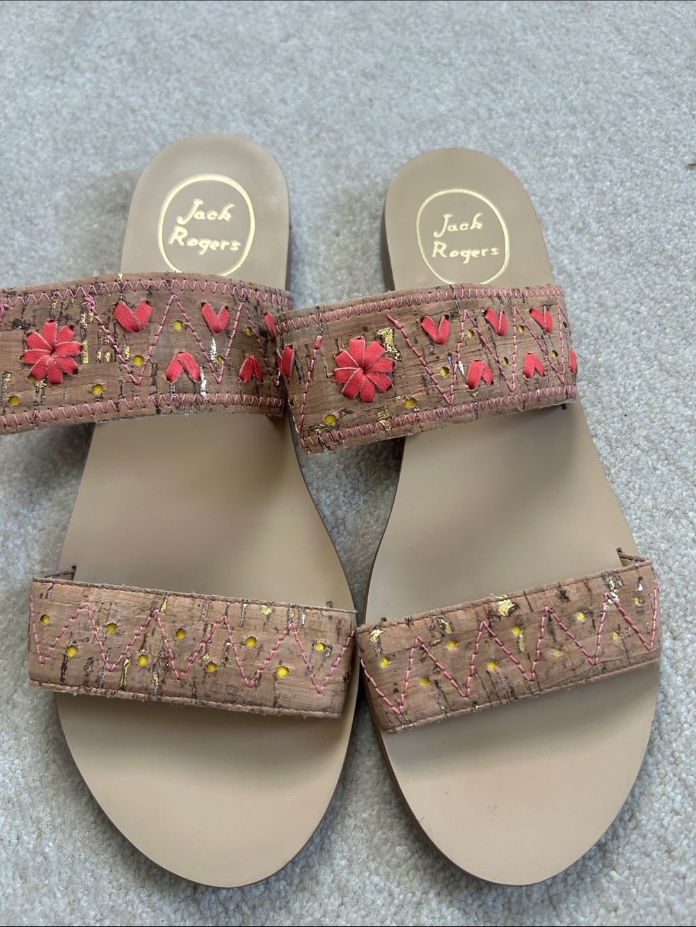 Jack Rogers Tan Slide Sandals with Pink Embroidered Flowers Sz 8.5 EUC
